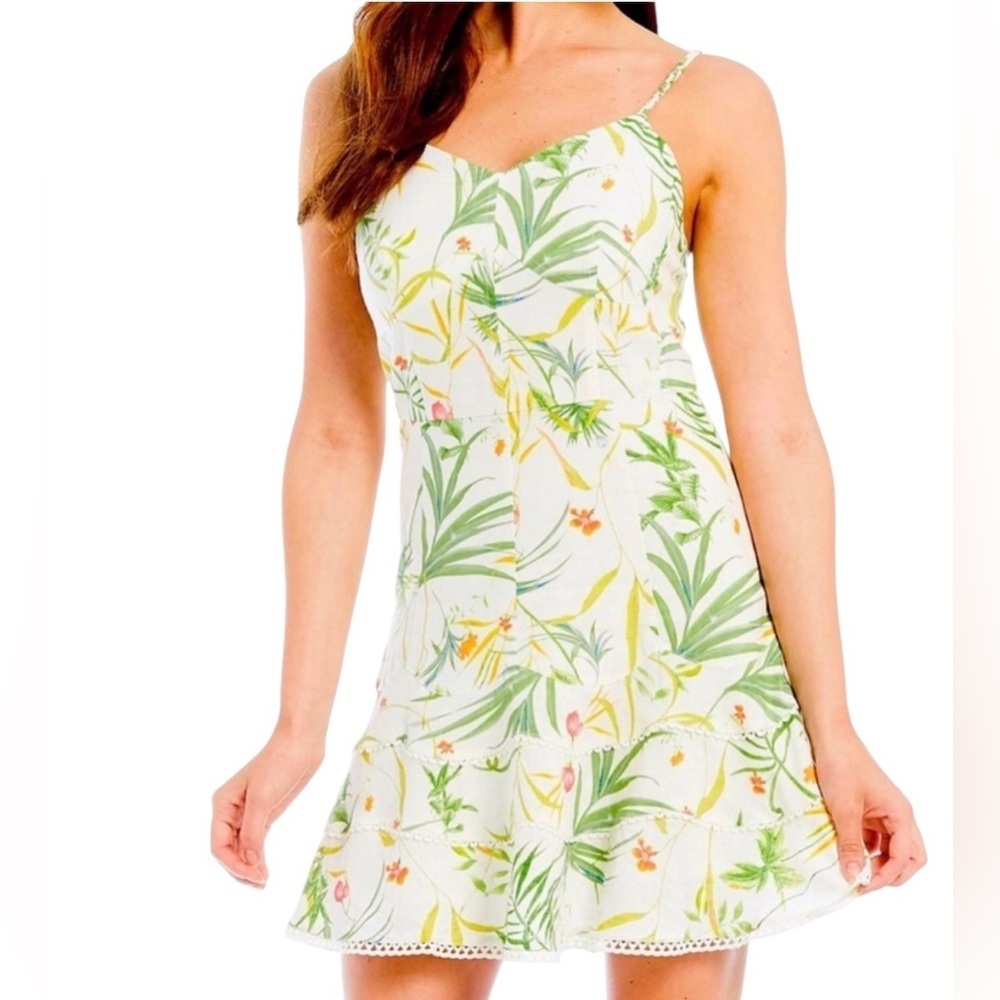 a loves a Cream Linen Tropical Floral Fit & Flare Mini Dress- NWT- 4